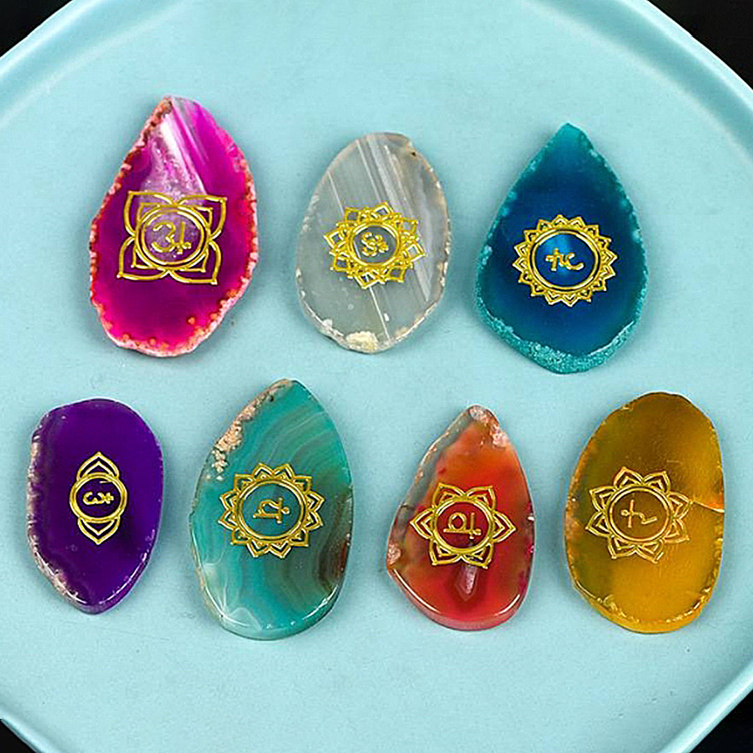 Seven Chakra Agate Tablets Set (Gold Symbol)