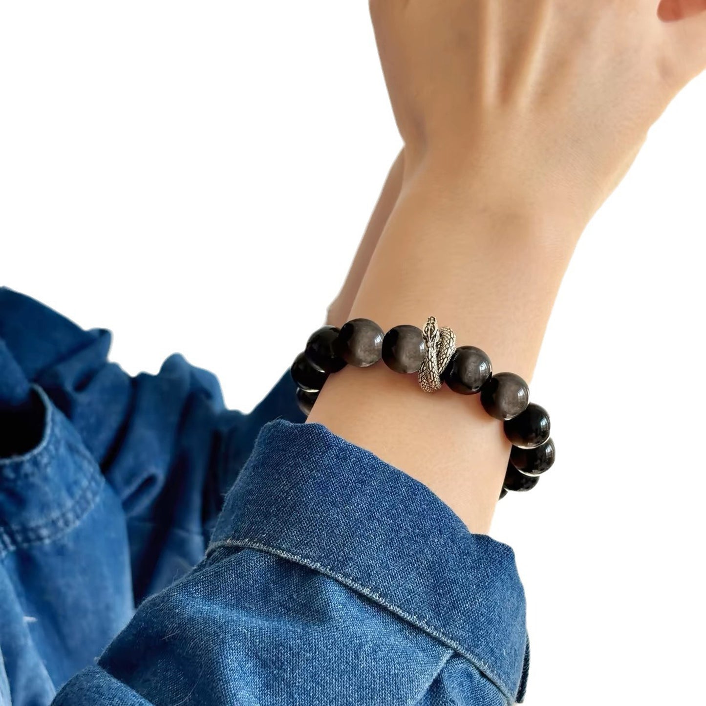 Silver-Sheen Obsidian Dragon Fittings Bracelet