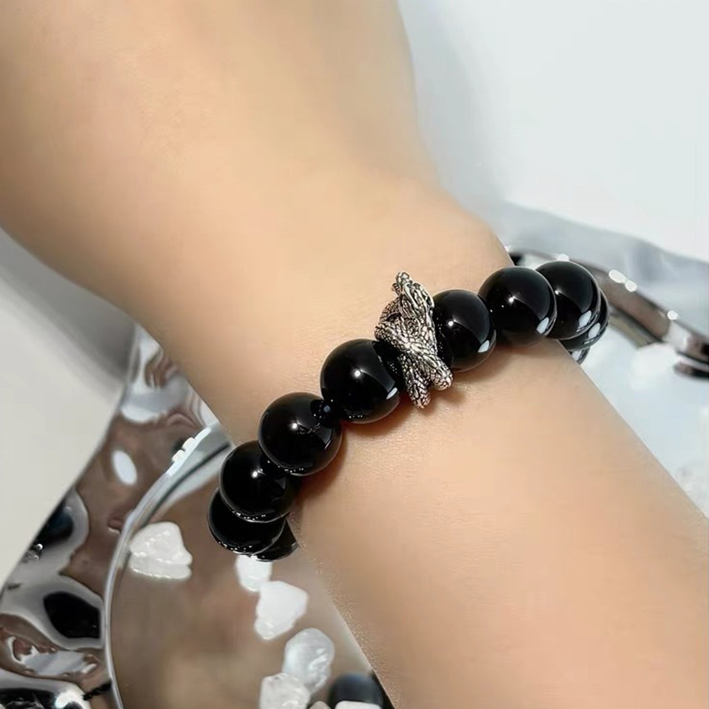 Silver-Sheen Obsidian Dragon Fittings Bracelet
