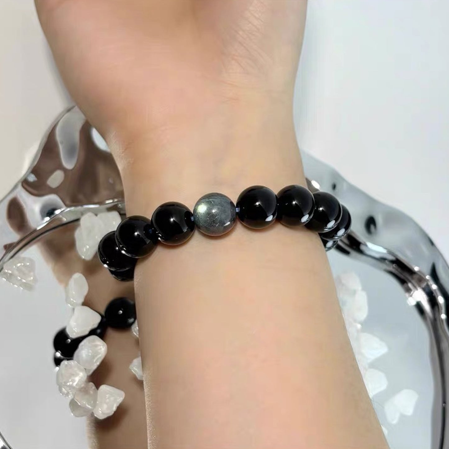 Silver-Sheen Obsidian Dragon Fittings Bracelet