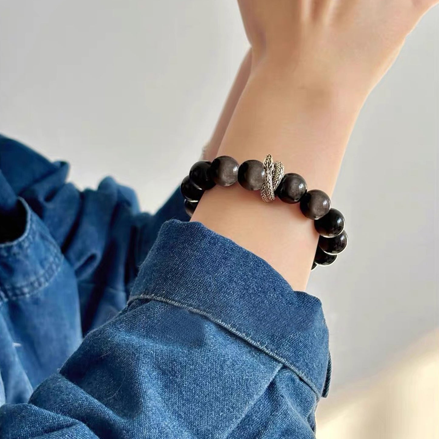 Silver-Sheen Obsidian Dragon Fittings Bracelet