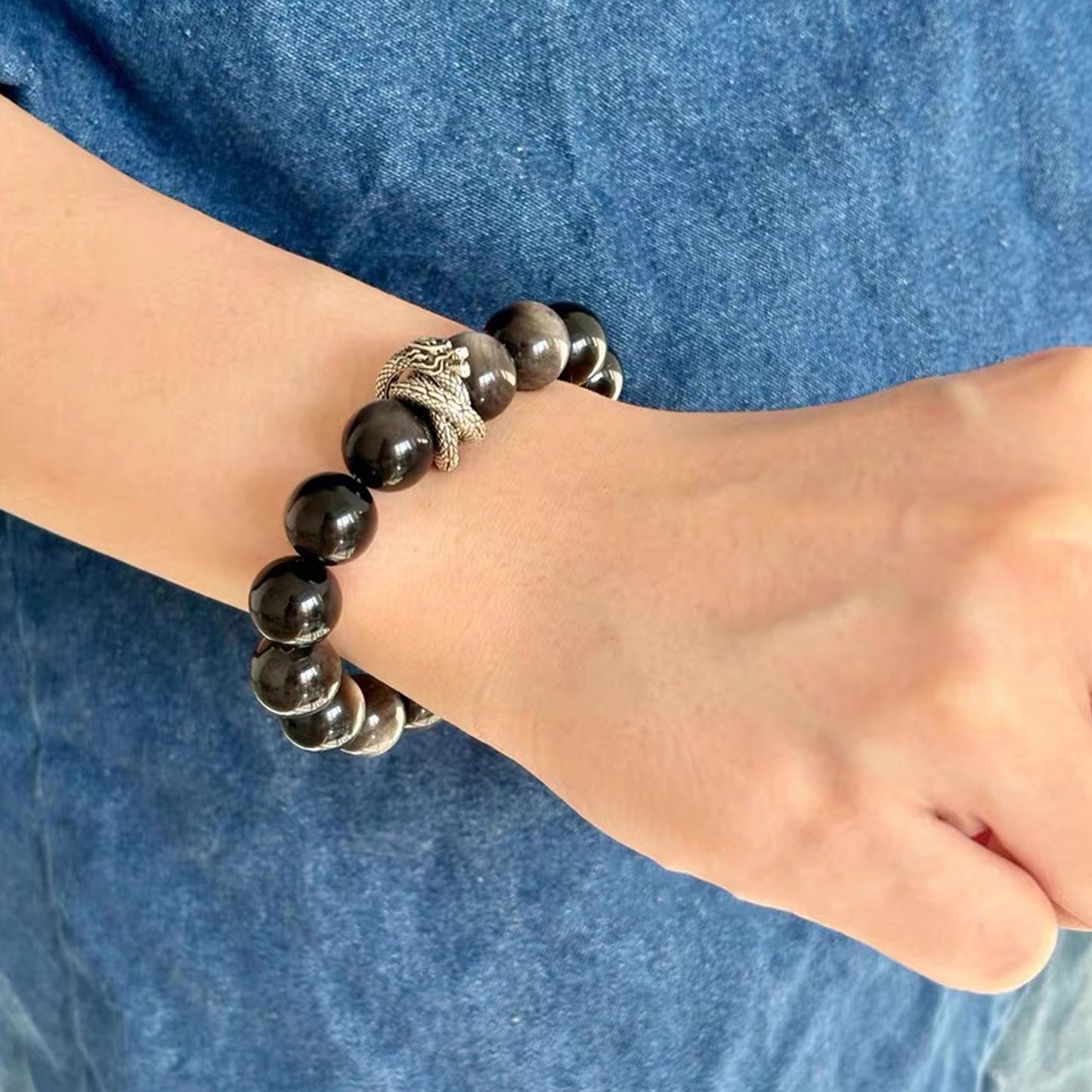 Silver-Sheen Obsidian Dragon Fittings Bracelet