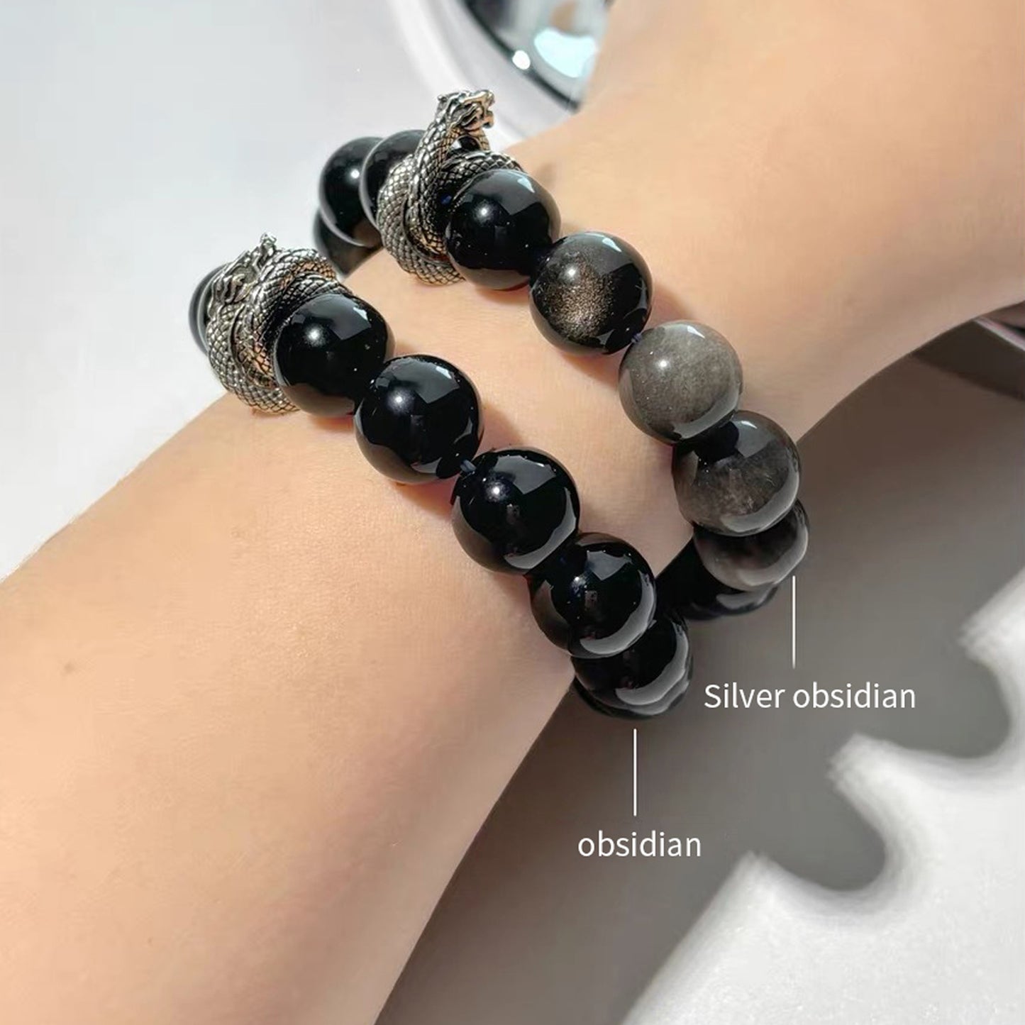 Silver-Sheen Obsidian Dragon Fittings Bracelet