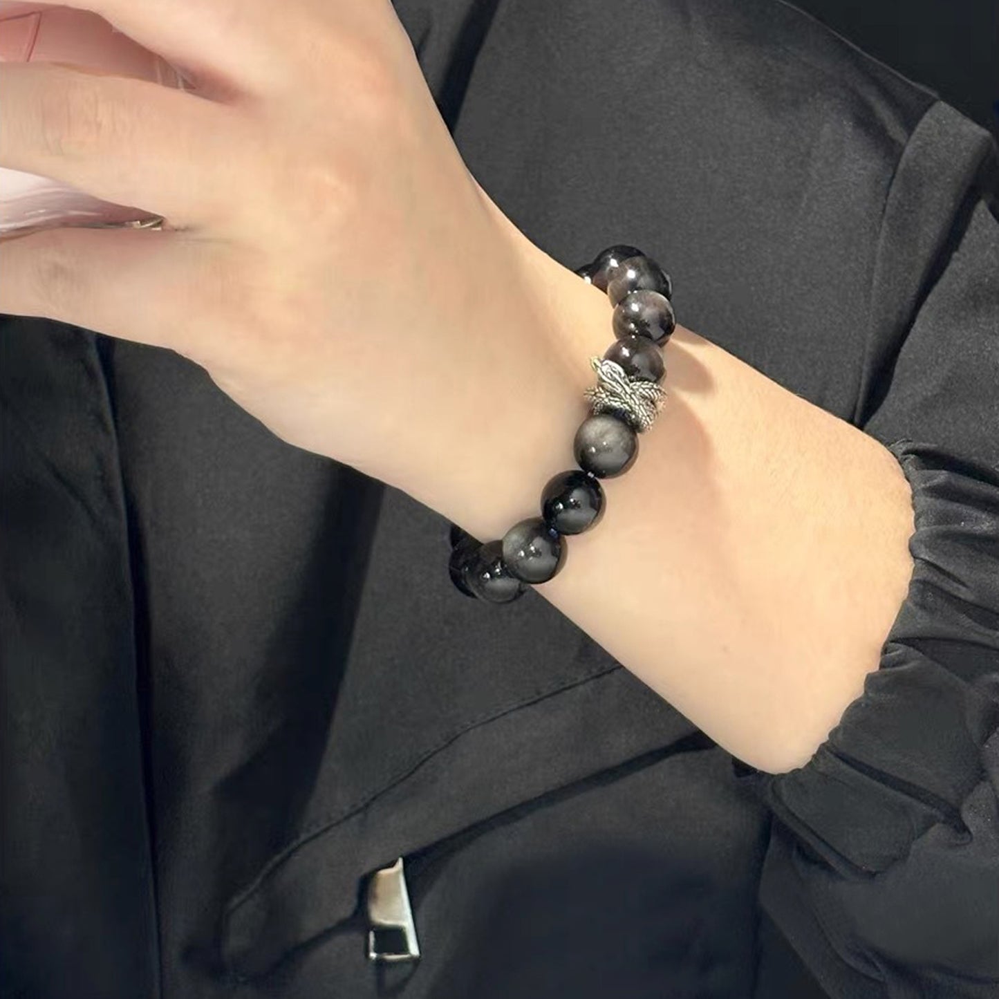 Silver-Sheen Obsidian Dragon Fittings Bracelet