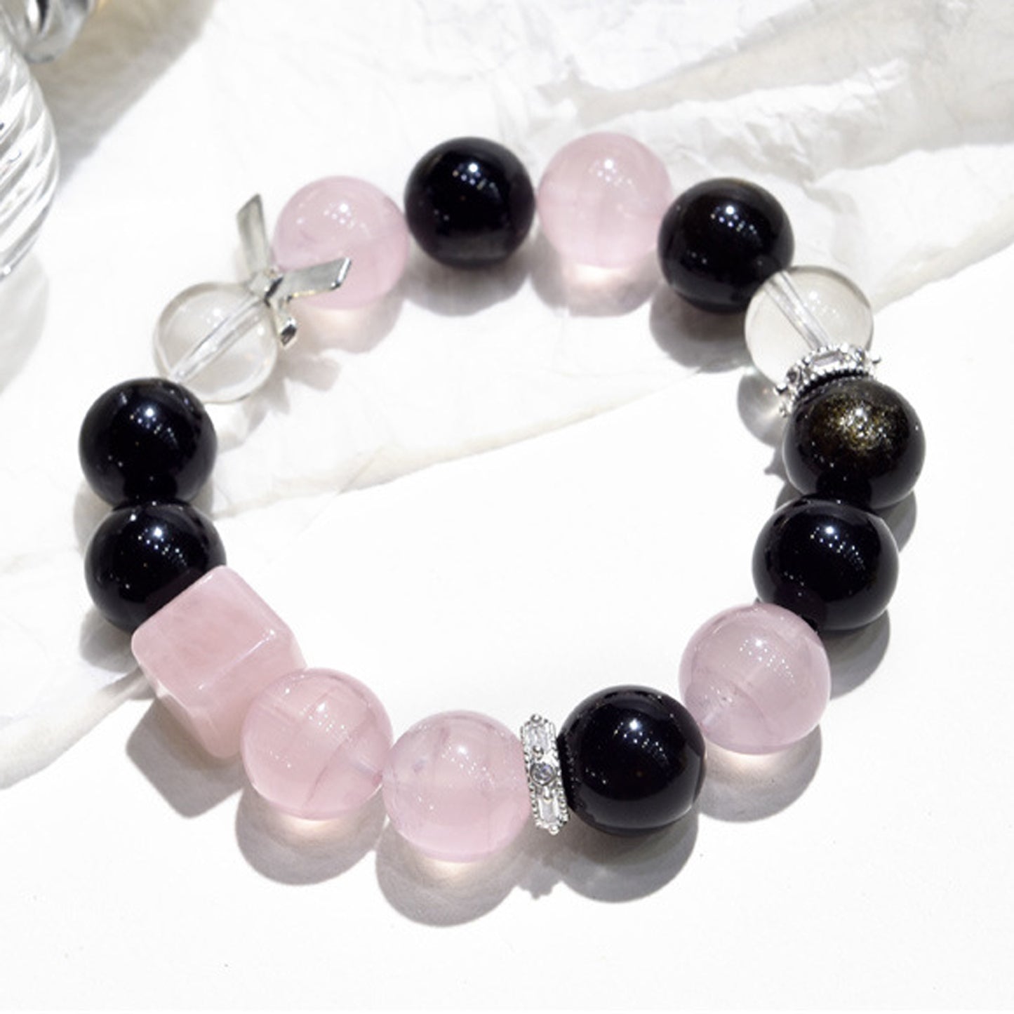 Golden-Sheen Obsidian Rose Quartz Bracelet