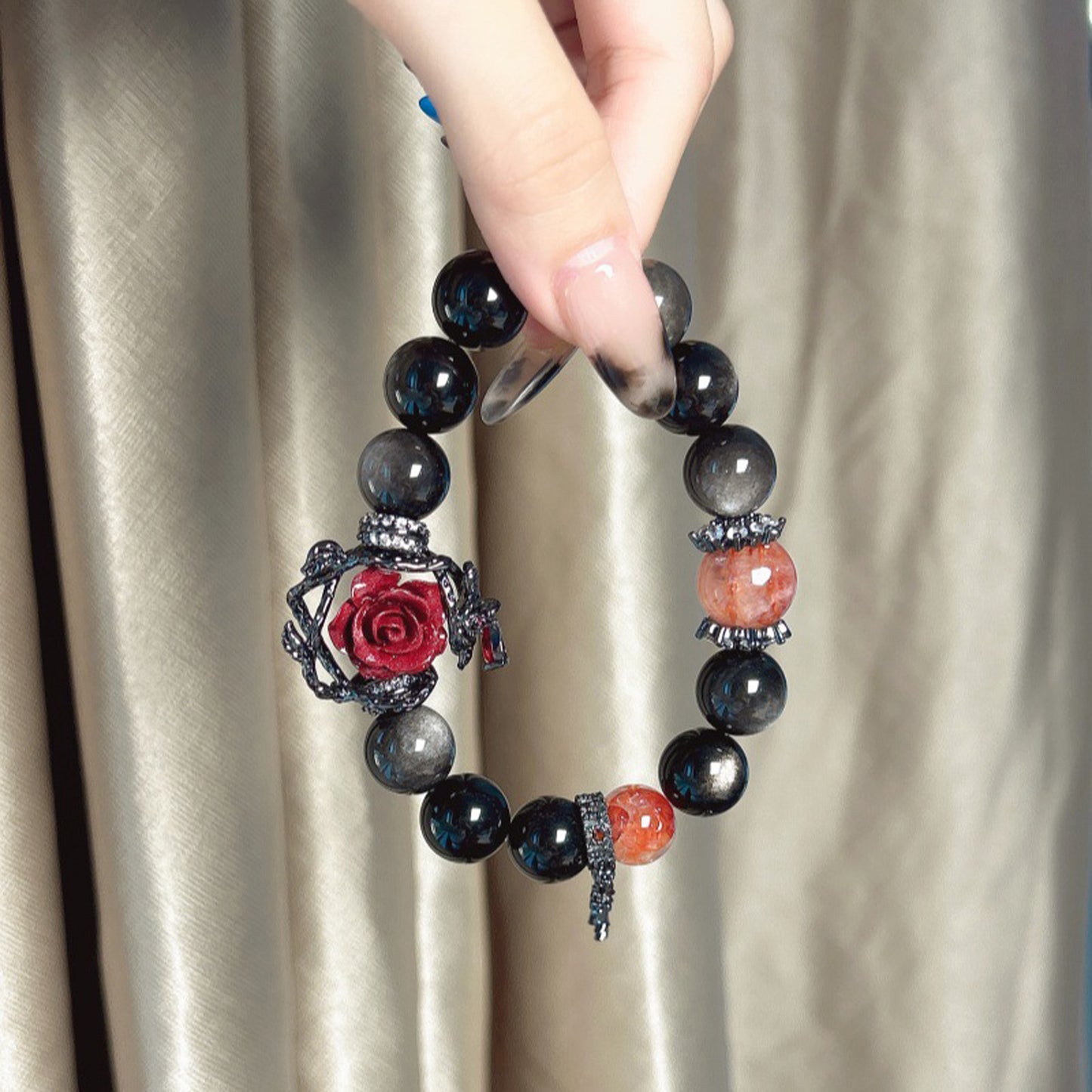 Vermilion Rose Silver-Sheen Obsidian Bracelet