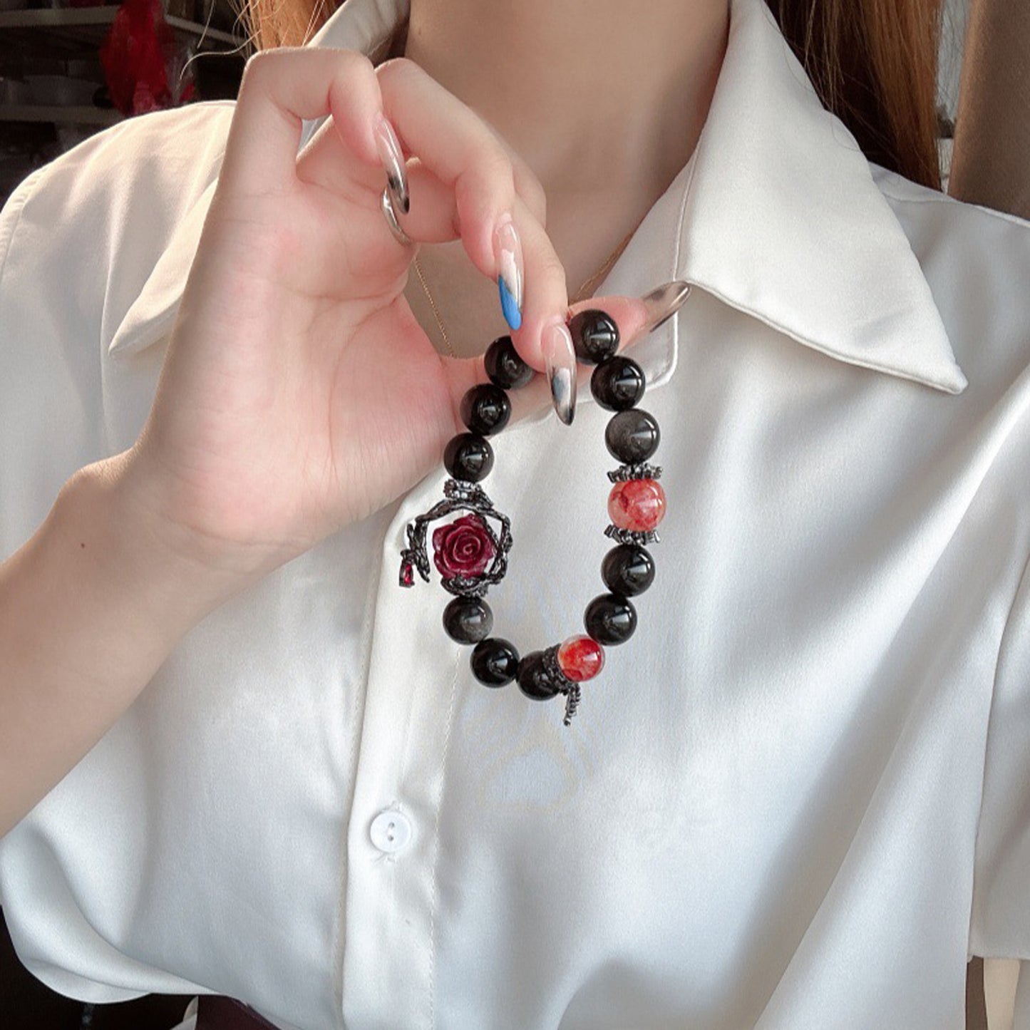 Vermilion Rose Silver-Sheen Obsidian Bracelet