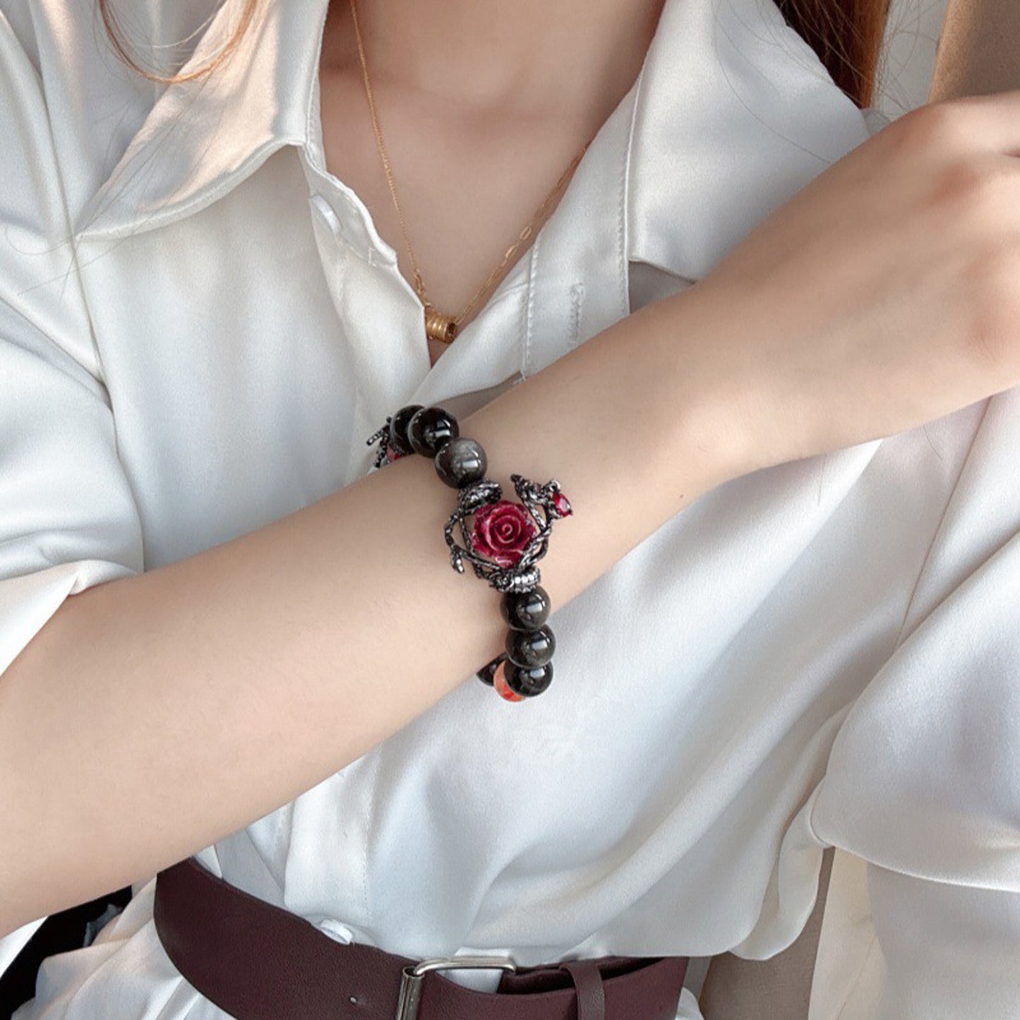 Vermilion Rose Silver-Sheen Obsidian Bracelet