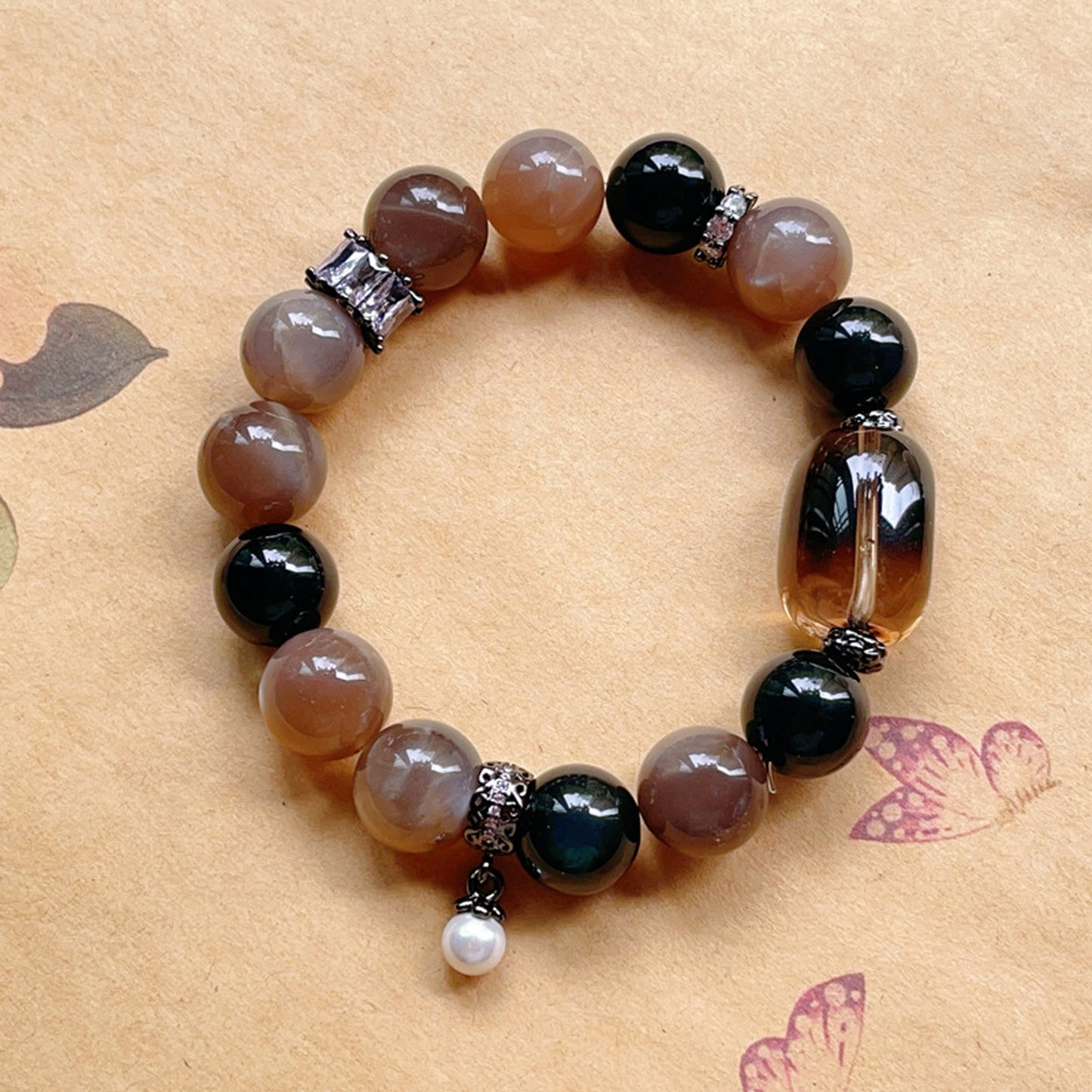 Obsidian Sunstone Tea-Colored Crystal Bracelet