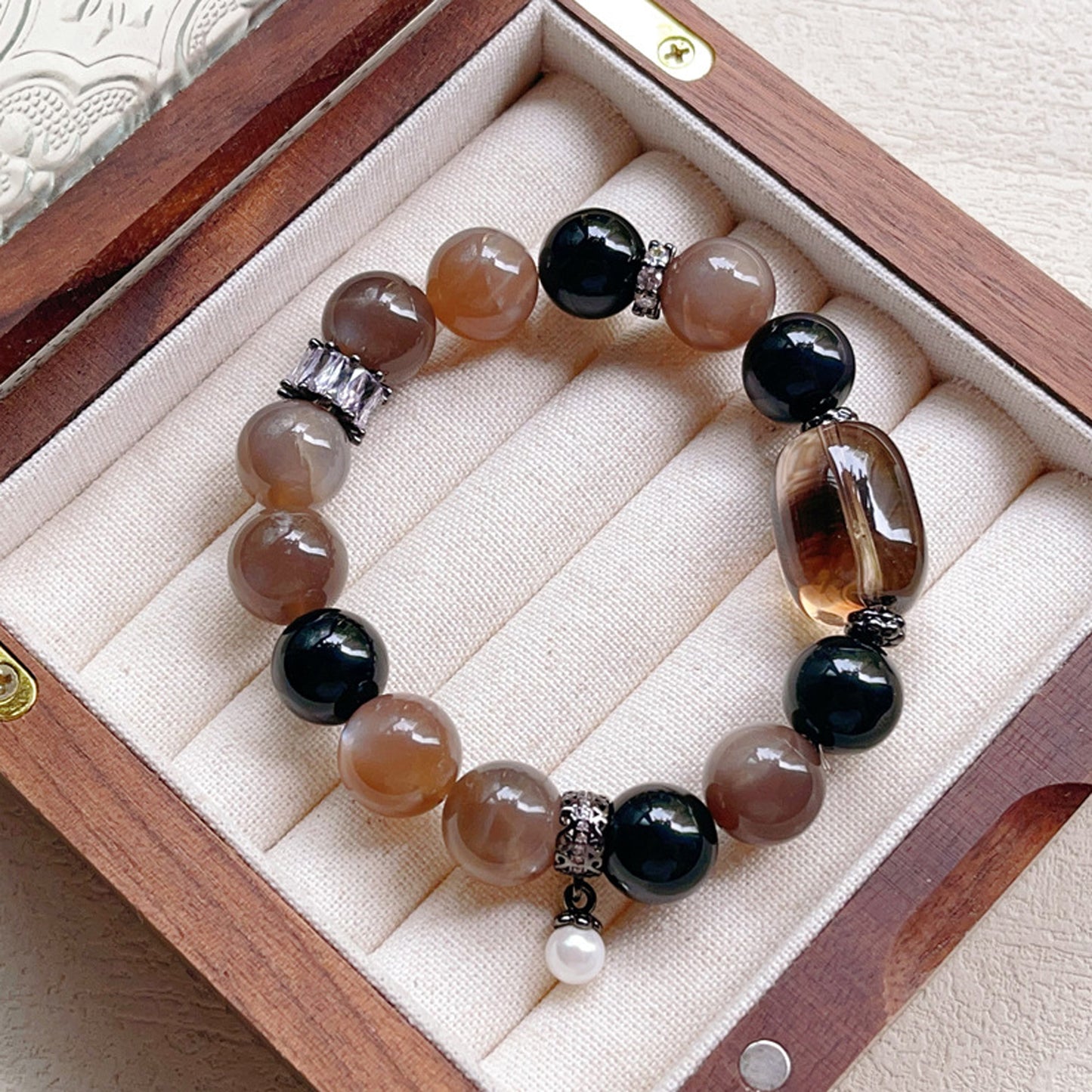 Obsidian Sunstone Tea-Colored Crystal Bracelet