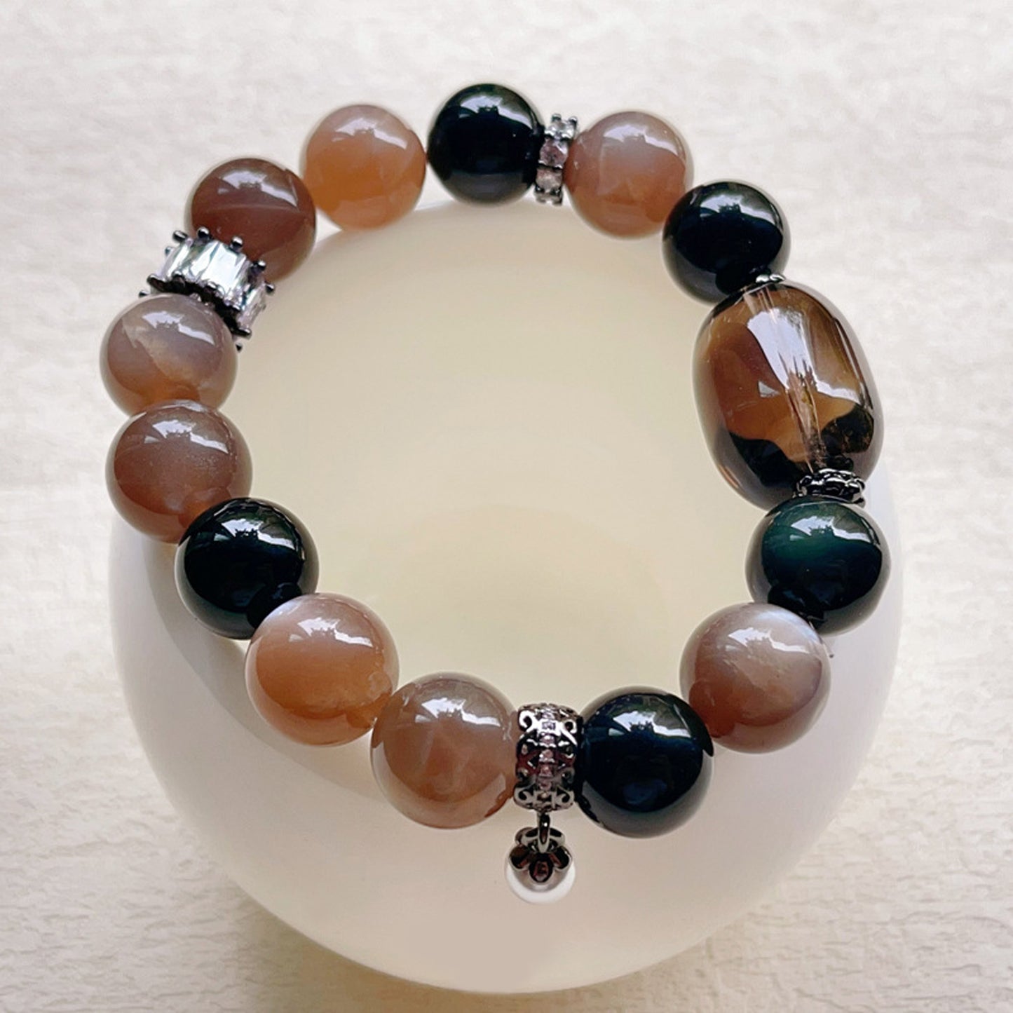 Obsidian Sunstone Tea-Colored Crystal Bracelet