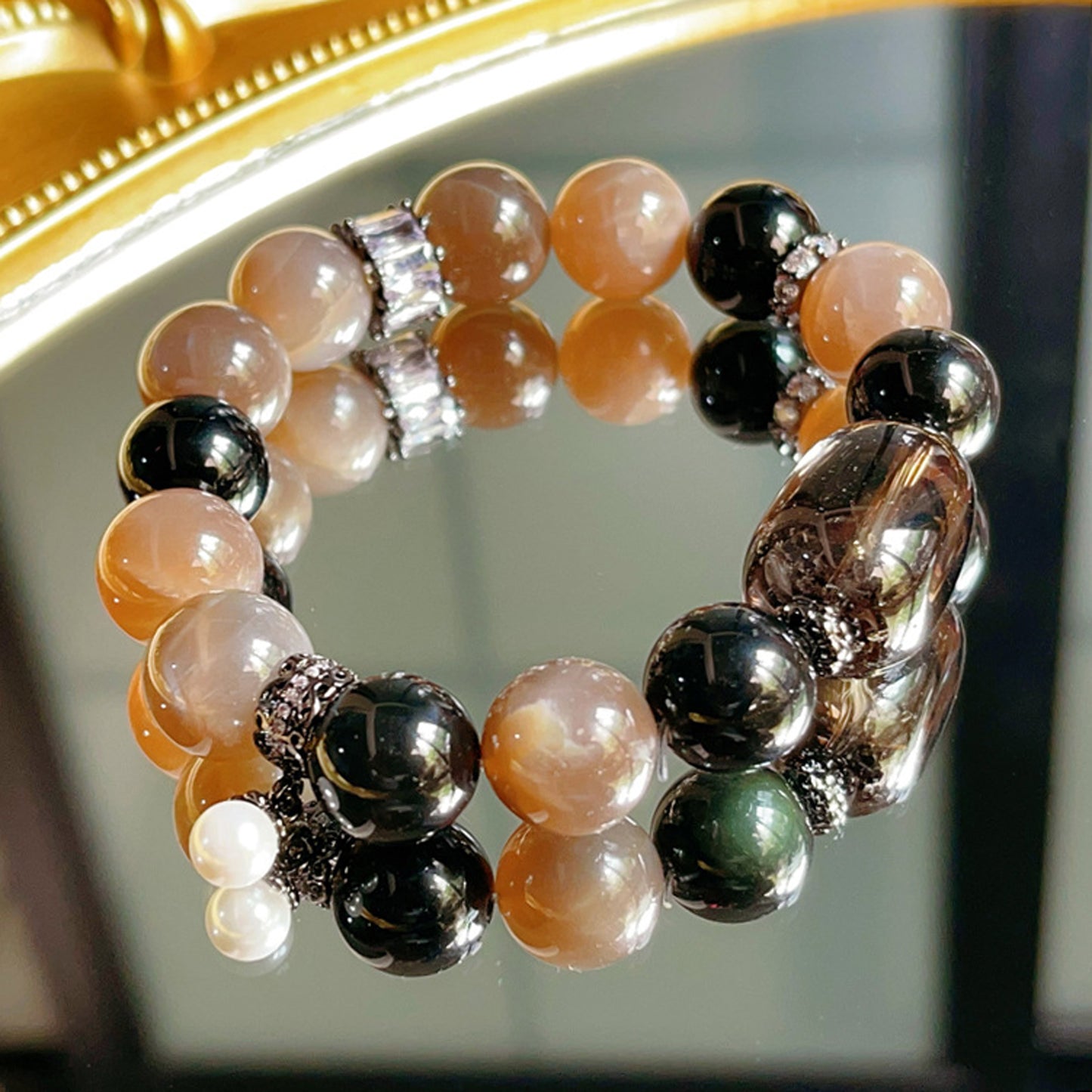 Obsidian Sunstone Tea-Colored Crystal Bracelet