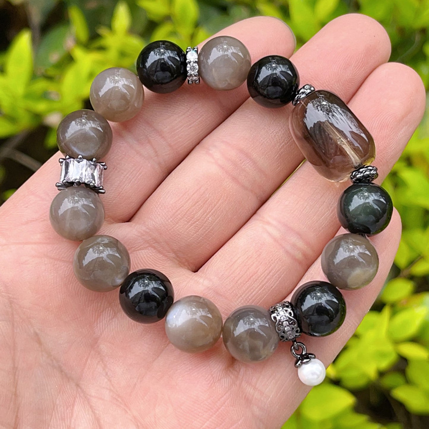 Obsidian Sunstone Tea-Colored Crystal Bracelet