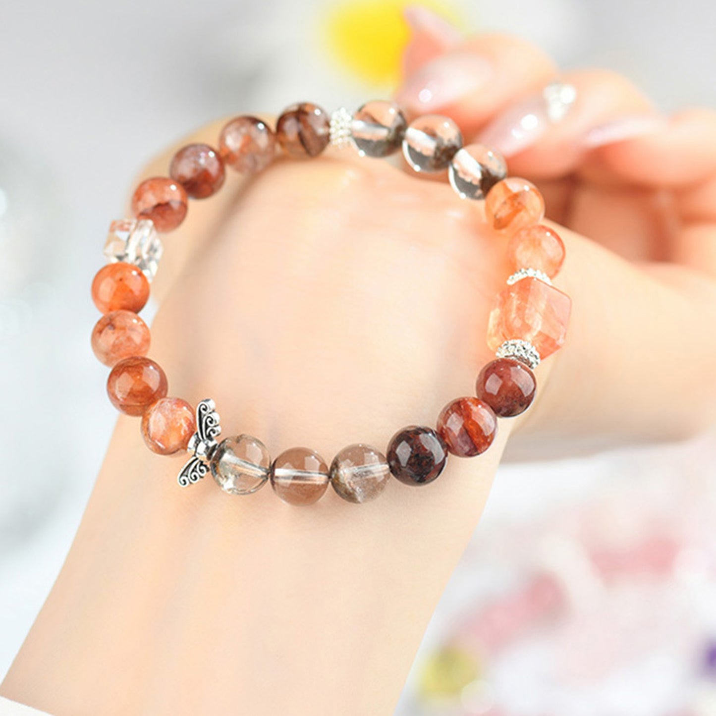 Red Phantom Flower Agate White Crystal Bracelet