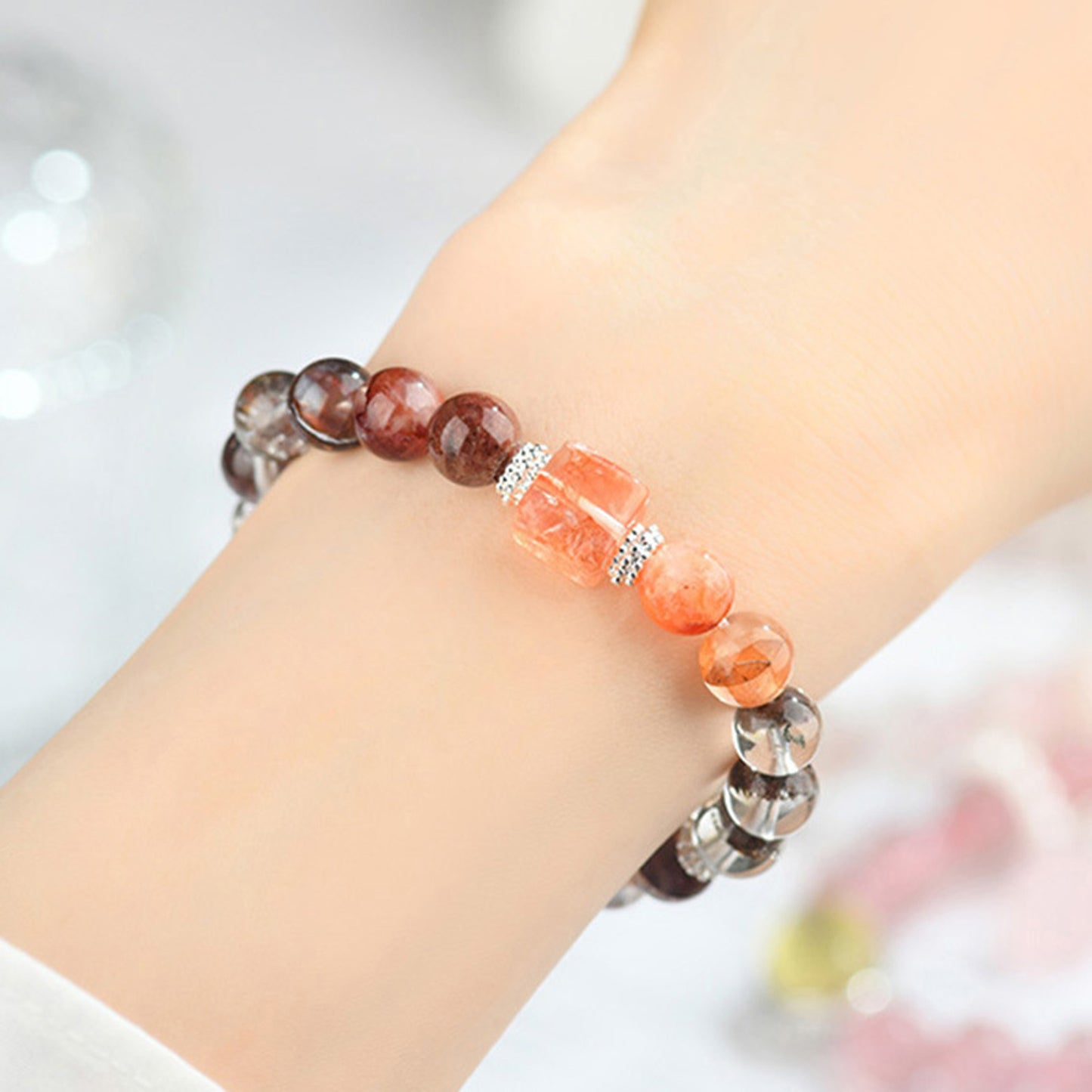 Red Phantom Flower Agate White Crystal Bracelet
