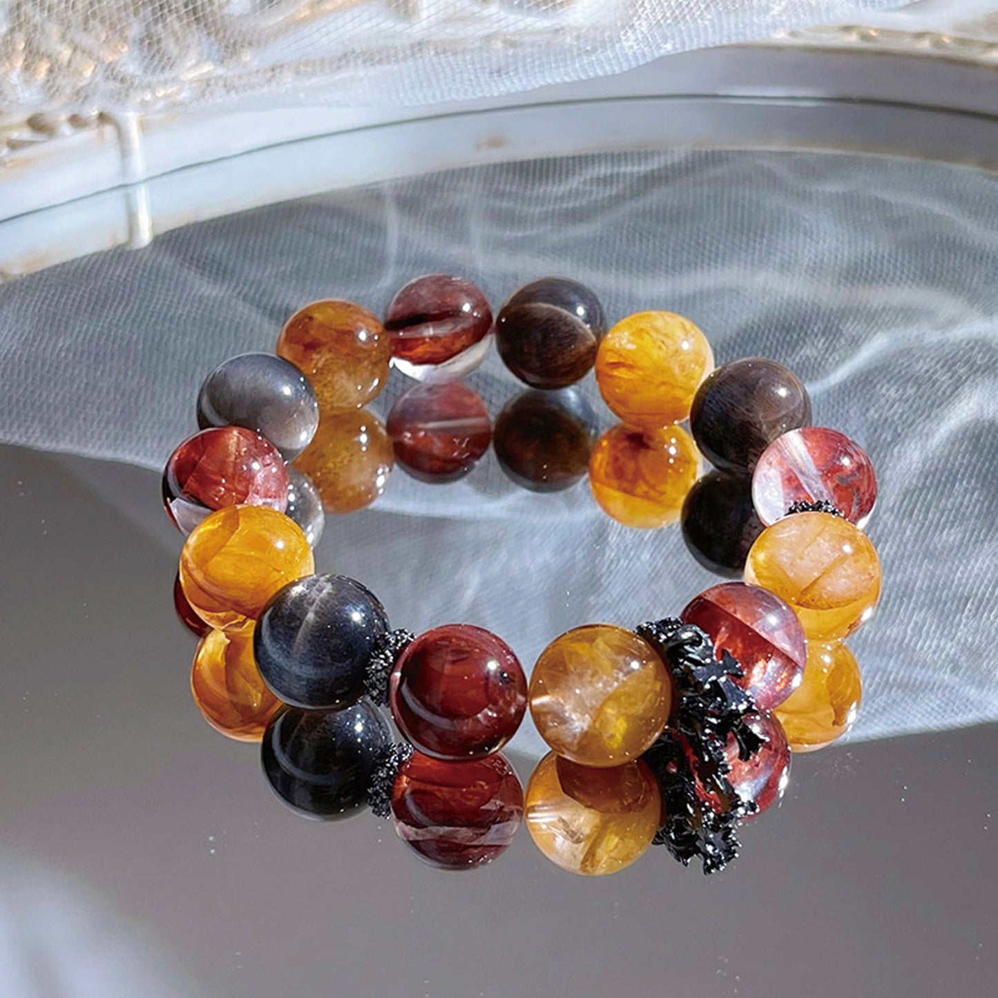 Natural Flower Agate Black Heulandite Bracelet