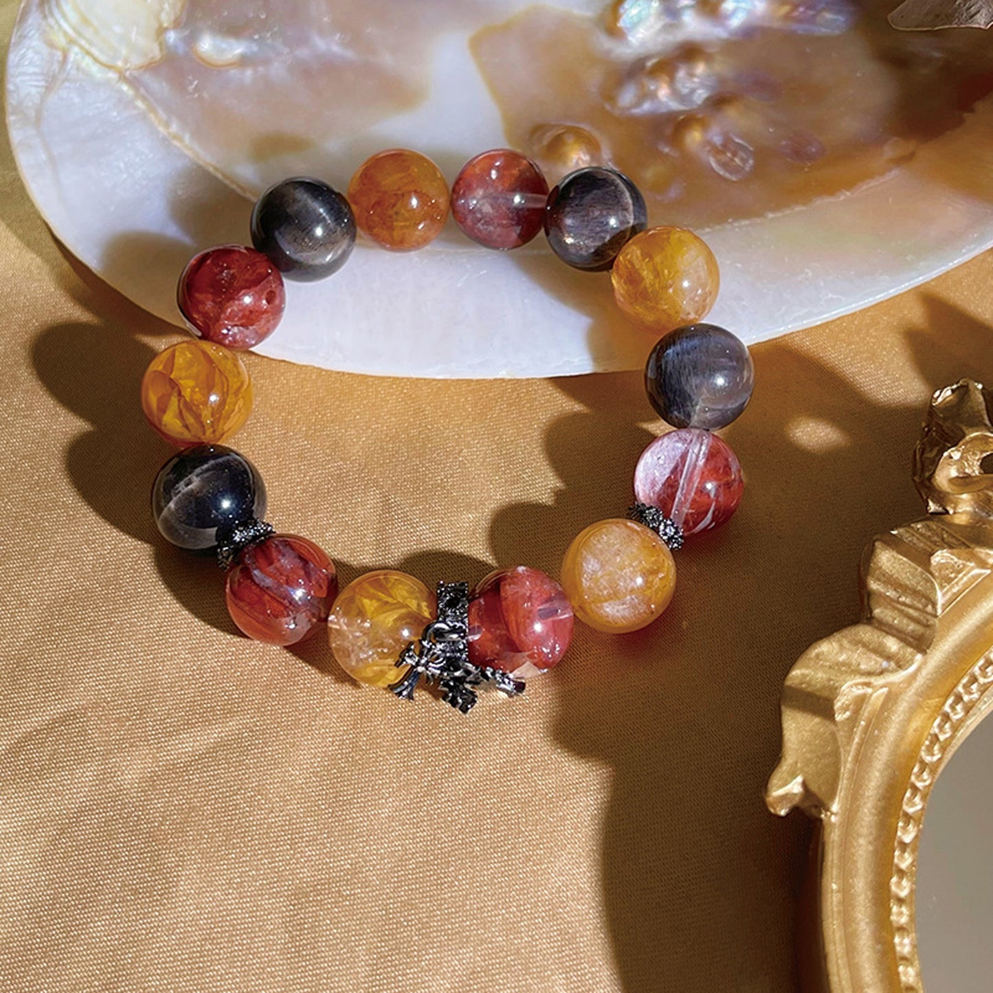 Natural Flower Agate Black Heulandite Bracelet