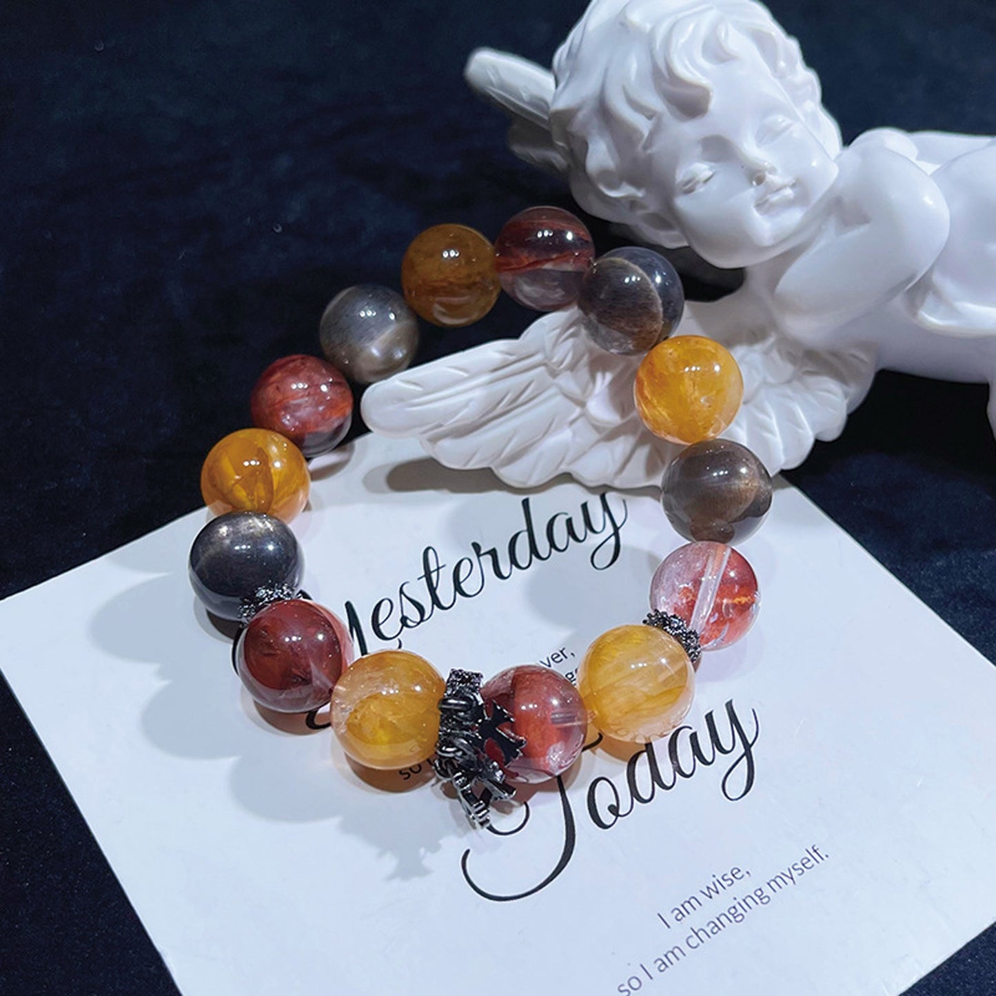 Natural Flower Agate Black Heulandite Bracelet
