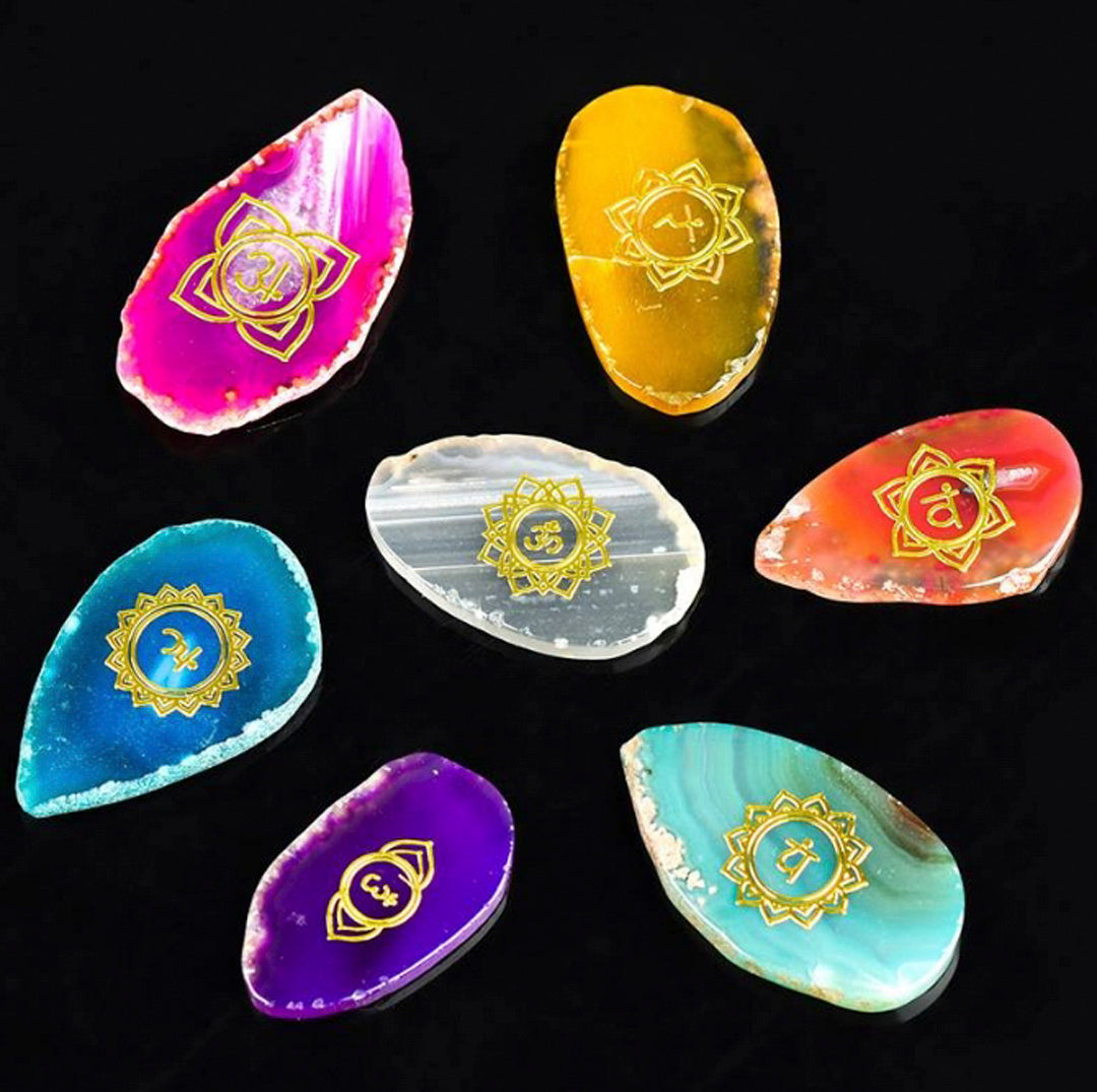 Seven Chakra Agate Tablets Set (Gold Symbol)
