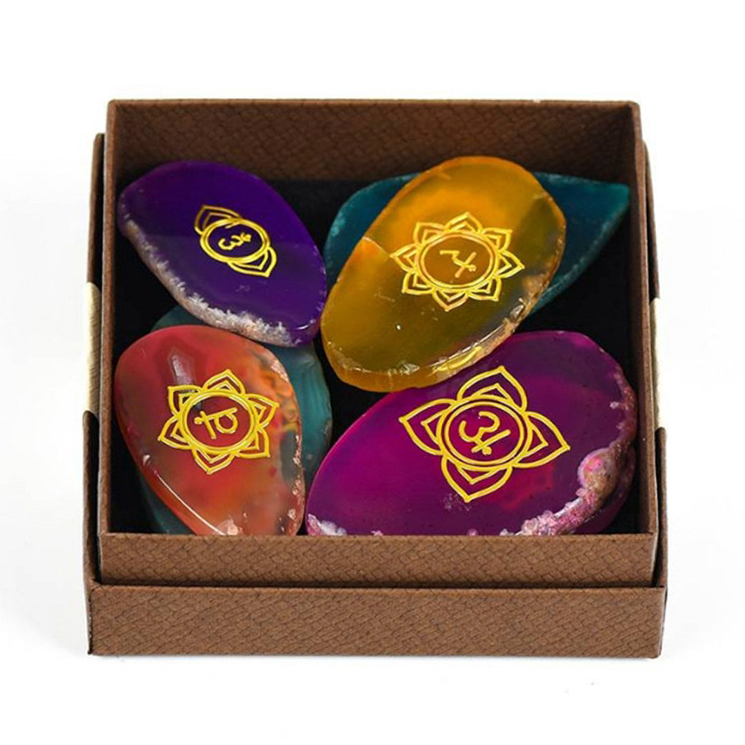 Seven Chakra Agate Tablets Set (Gold Symbol)