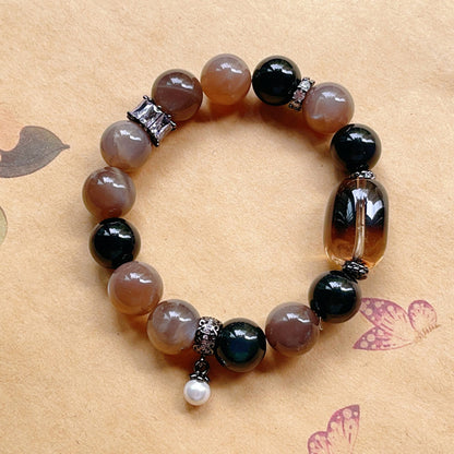 Obsidian Sunstone Tea-Colored Crystal Bracelet