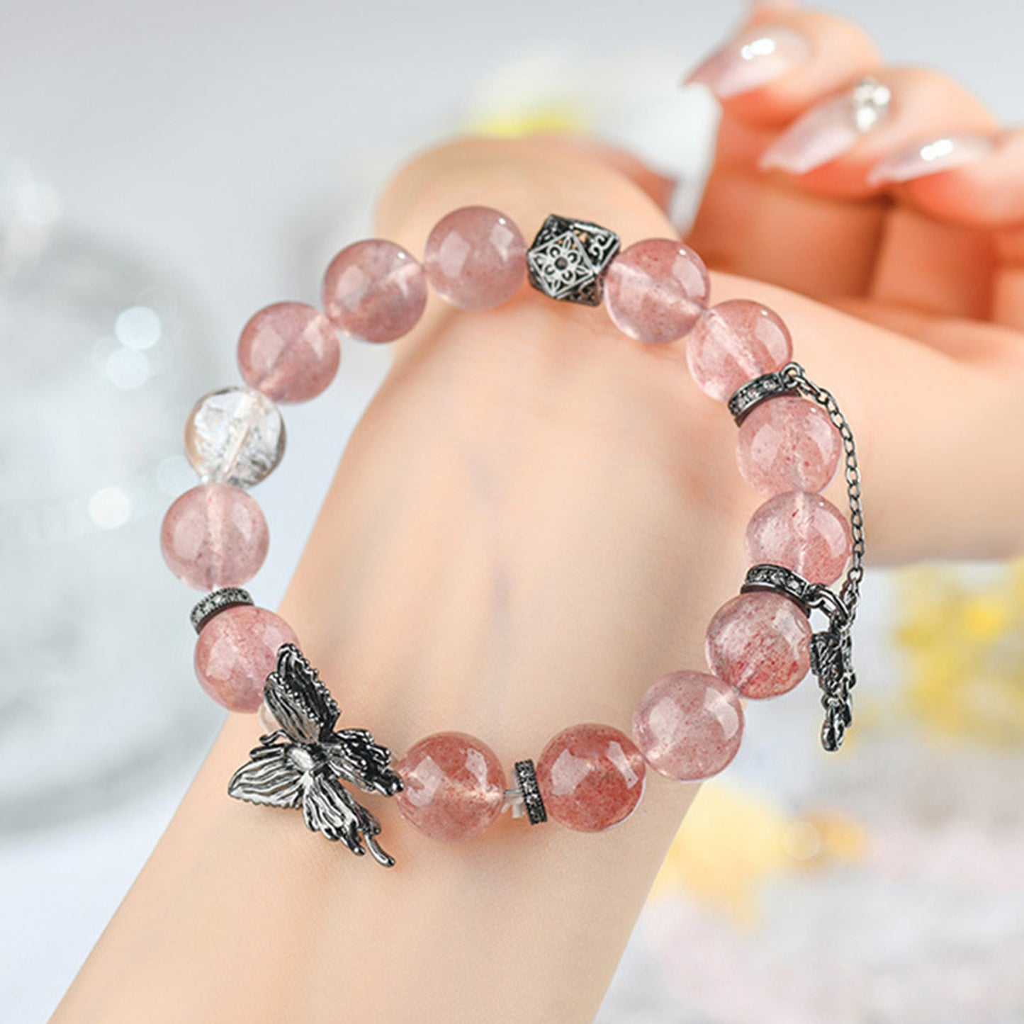 Strawberry Quartz Butterfly Bracelet