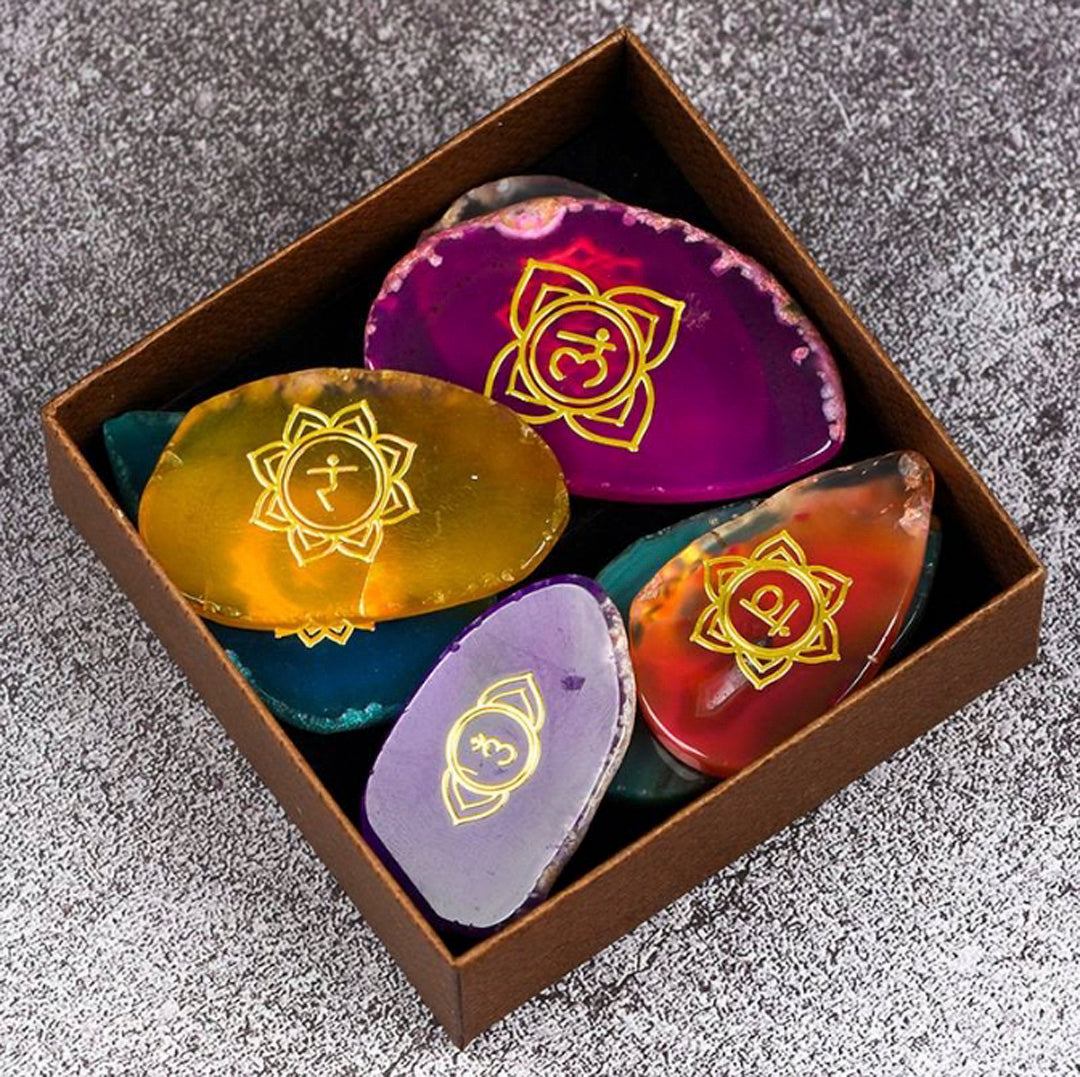 Seven Chakra Agate Tablets Set (Gold Symbol)
