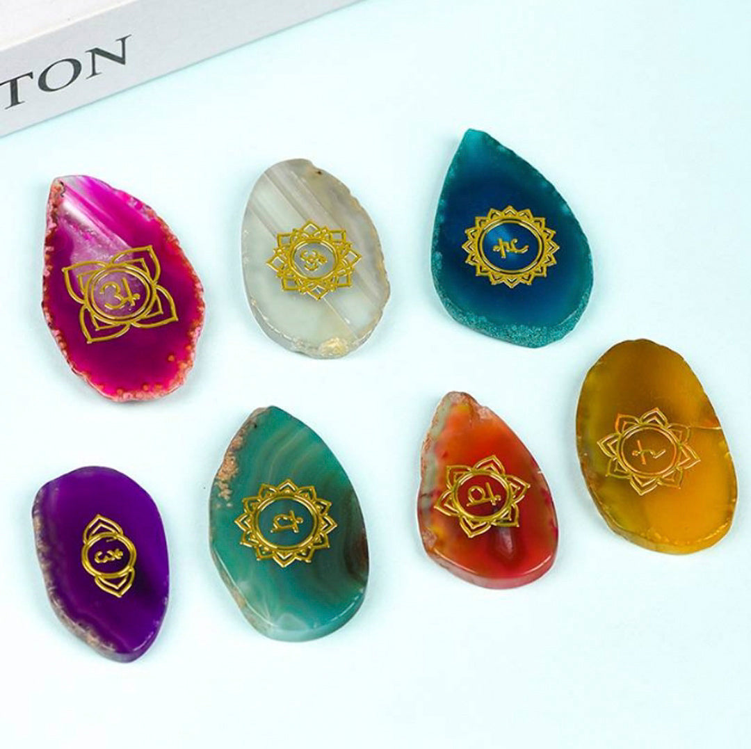 Seven Chakra Agate Tablets Set (Gold Symbol)
