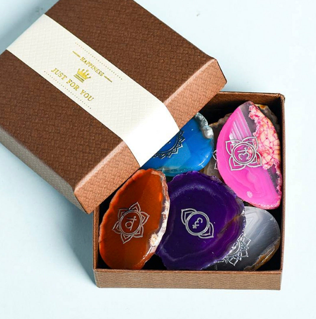 Seven Chakra Agate Tablets Set (Silver Symbol)