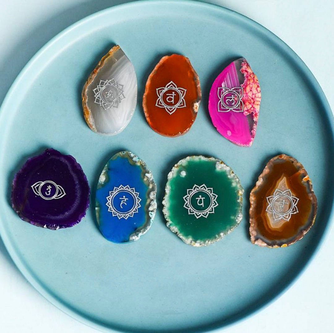 Seven Chakra Agate Tablets Set (Silver Symbol)