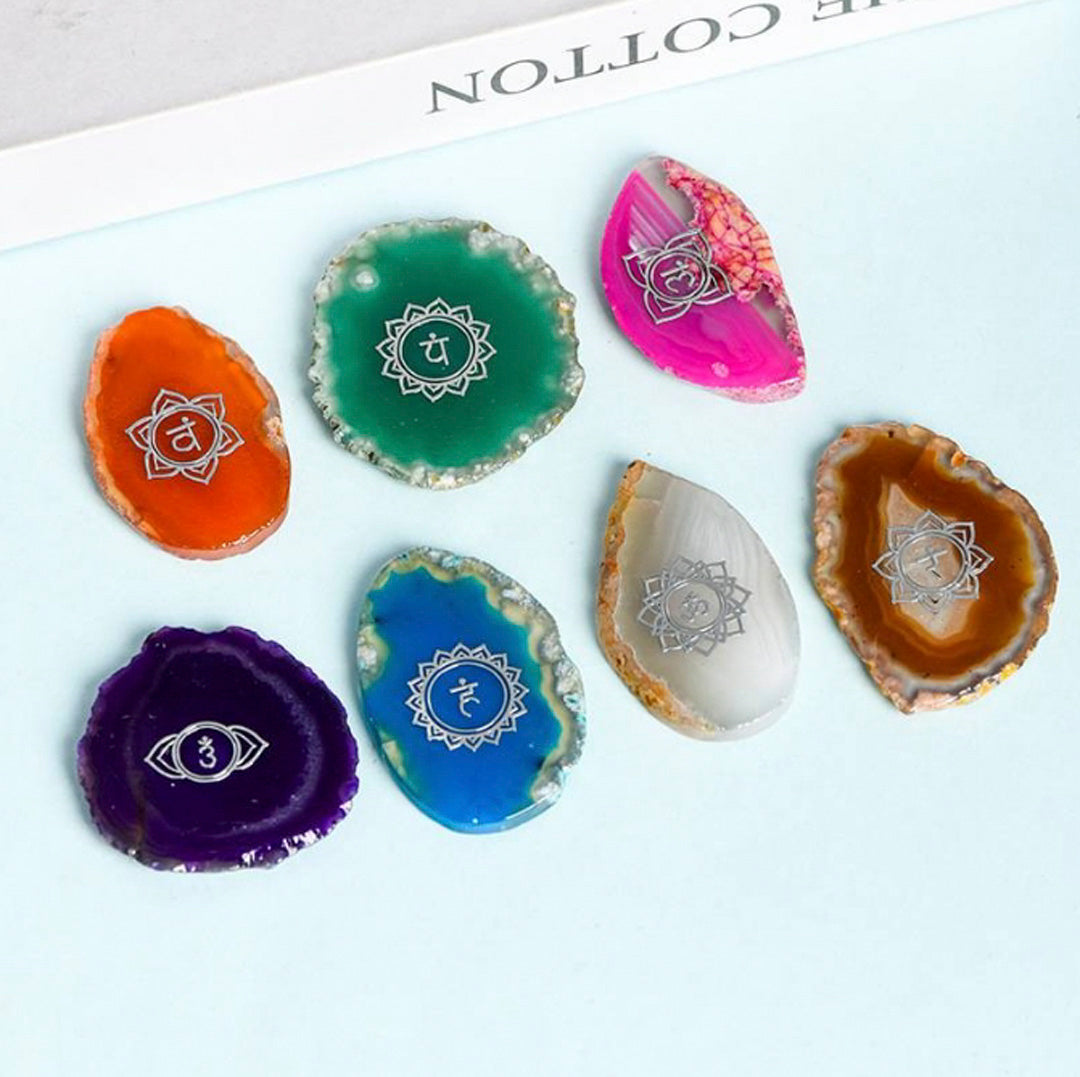 Seven Chakra Agate Tablets Set (Silver Symbol)