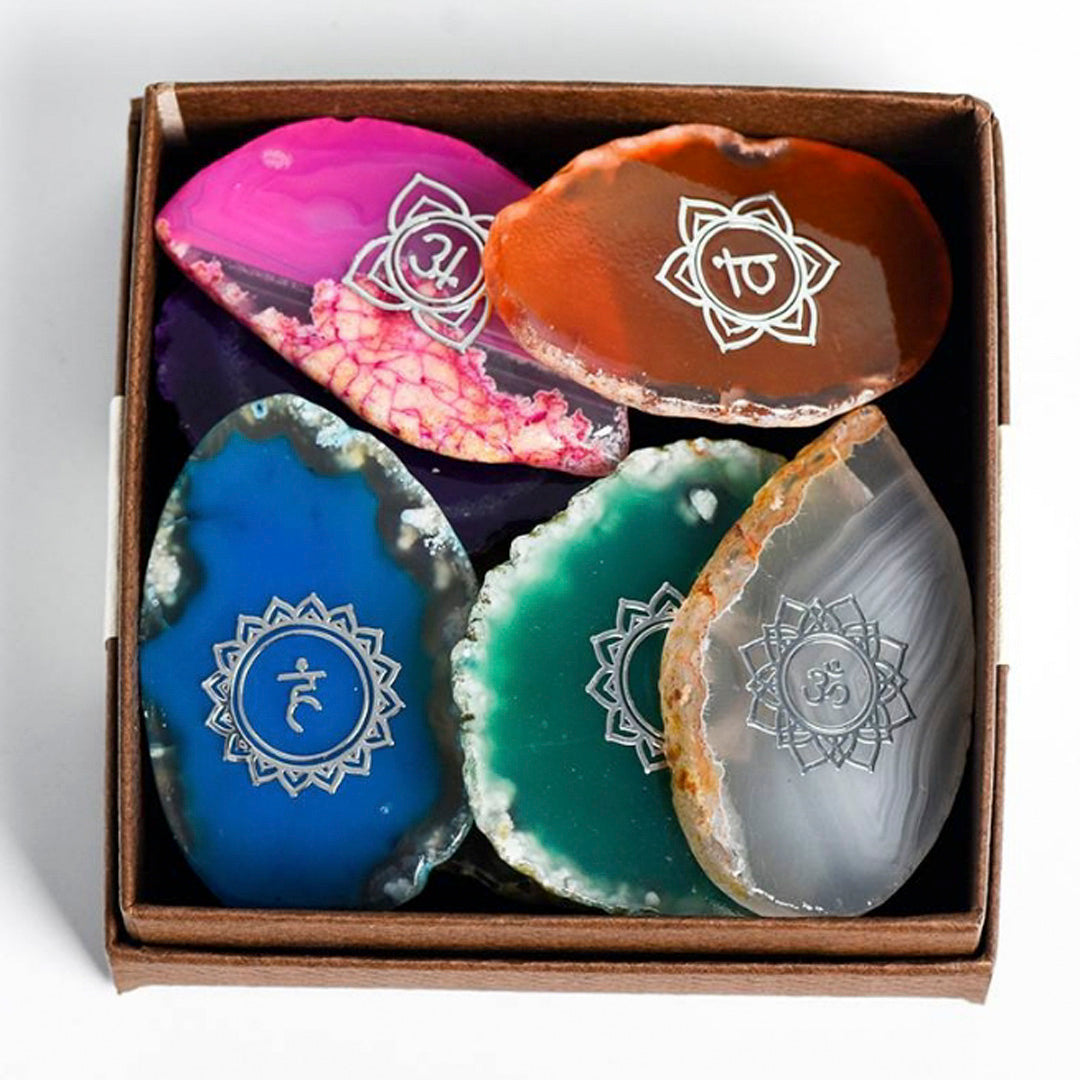 Seven Chakra Agate Tablets Set (Silver Symbol)